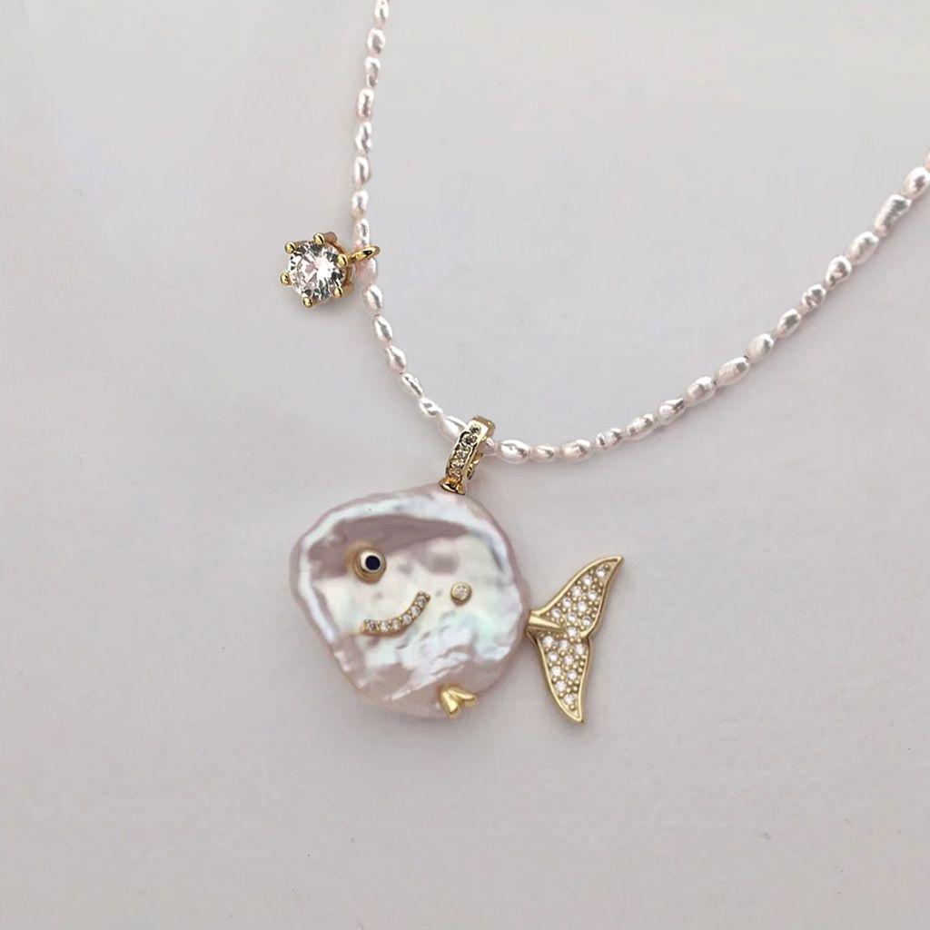 European Retro Ocean Series Whale & Goldfish Pendant Necklace, 18K Gold-Plated Copper