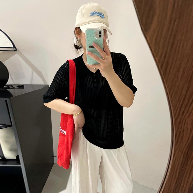 Damski letni luźny sweter z ażurowej dzianiny z krótkim rękawem w dużym rozmiarze