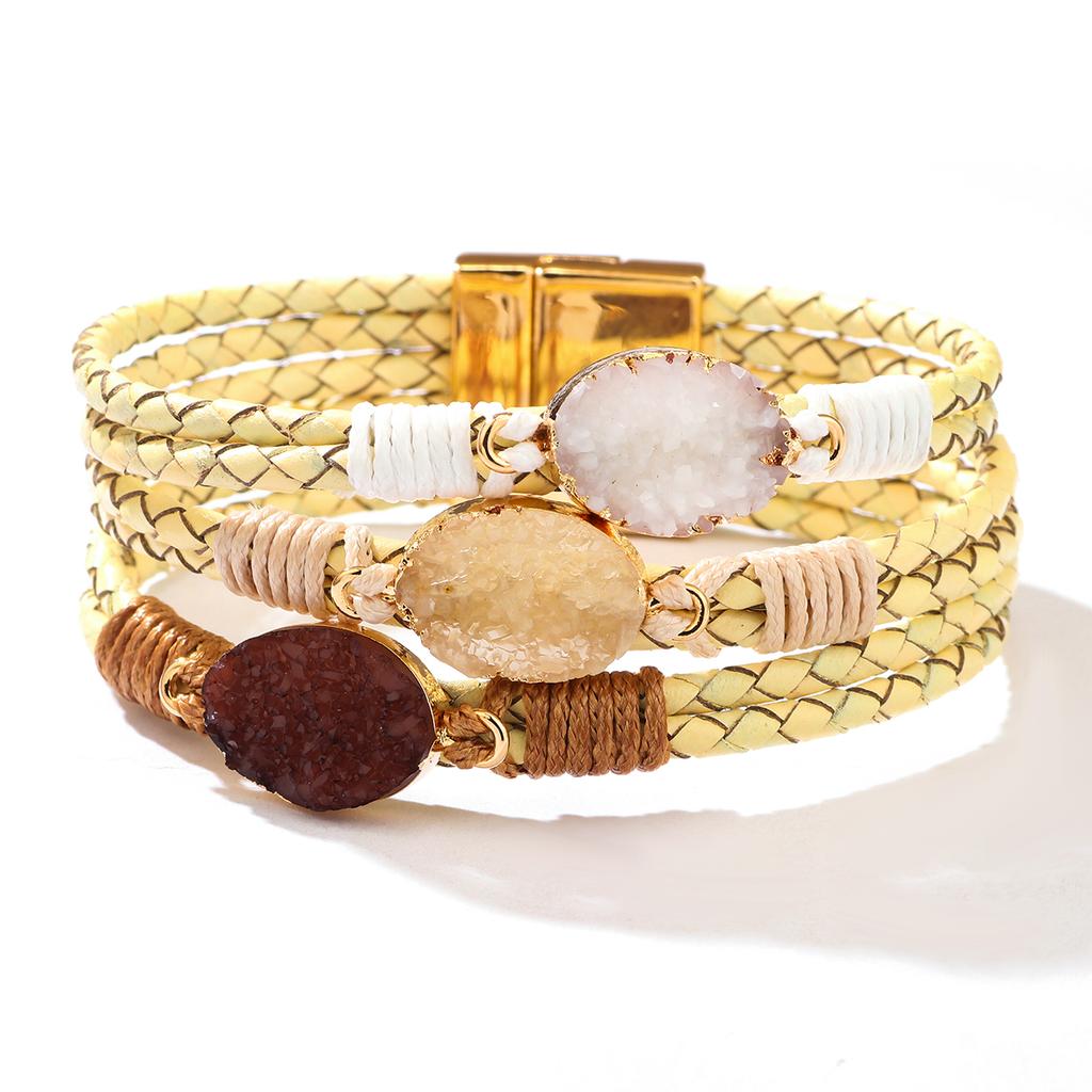 Bohemian Multi-Layer Braided Leather Bracelet with Natural Stone & Magnetic Clasp for Women Fashion Jewelry Gift