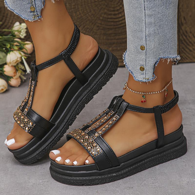 Módní sandály na platformě s kamínky pro ženy, léto 2025, silná podrážka, neklouzavé plážové boty, lesklé krystalové bohémské sandály, mujer