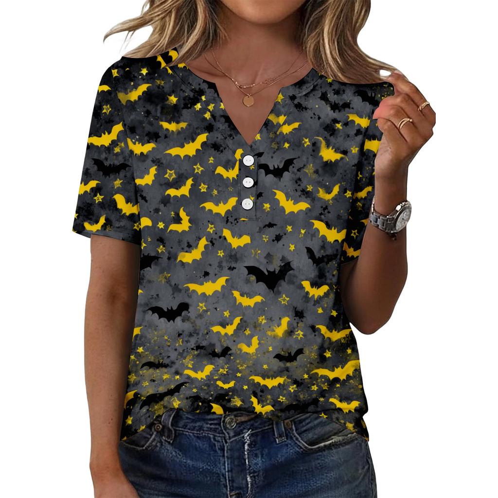 Women's Casual V Neck Button Front Top Halloween Print Short Sleeve Relaxed Fit Blouse Lightweight Breathable Fabric
