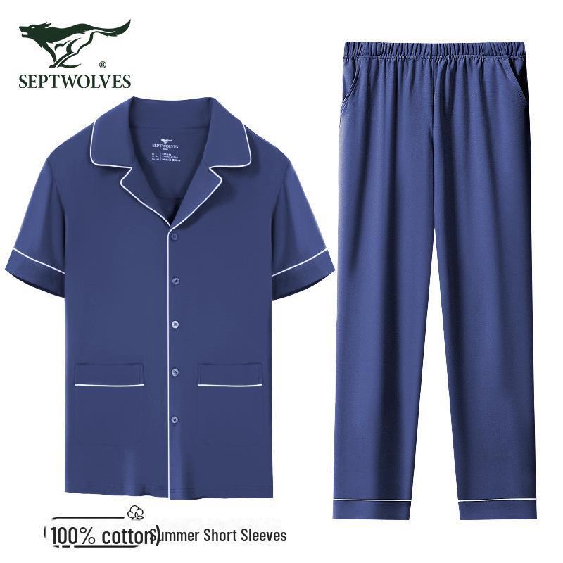 Pánské pyžamo Septwolves z čisté bavlny, jednobarevné, s dlouhým rukávem a rozepínáním vpředu