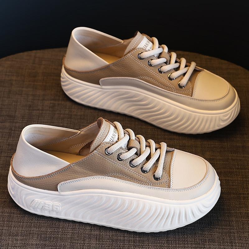 

Genuine Leather Women Flat Casual Shoes Thick Sole Cow Leather Brand Laides White Shoes 40