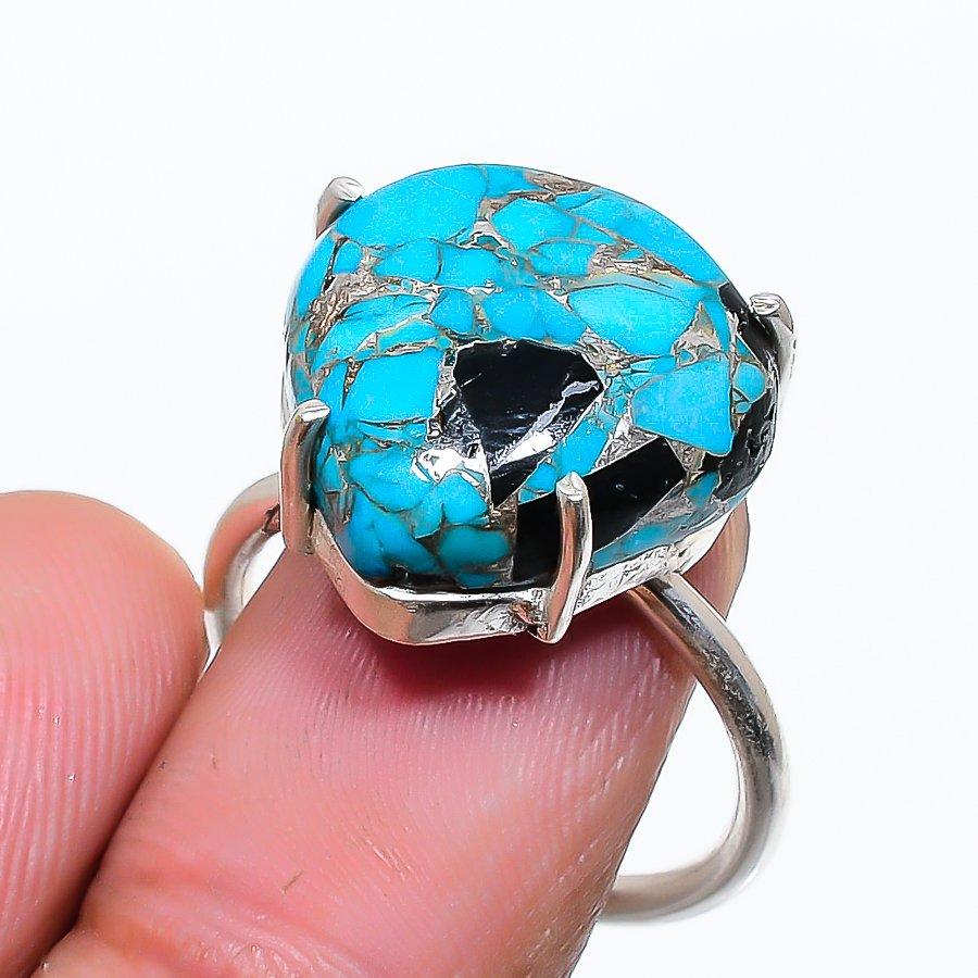 

Copper Blue Turquoise Gemstone 925 Sterling Silver Jewelry Ring Size Adj. GK-6046