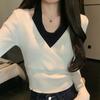 New Korean Color Block Layered Halter Knit Sweater - Women's Slim Fit Short Top for Autumn/Winter Collection.
