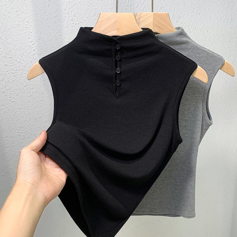 Black Sleeveless T-shirt Women's New Early Autumn Semi-turtleneck Thin Bottoming Shirt Slim-fitting and Thin Top