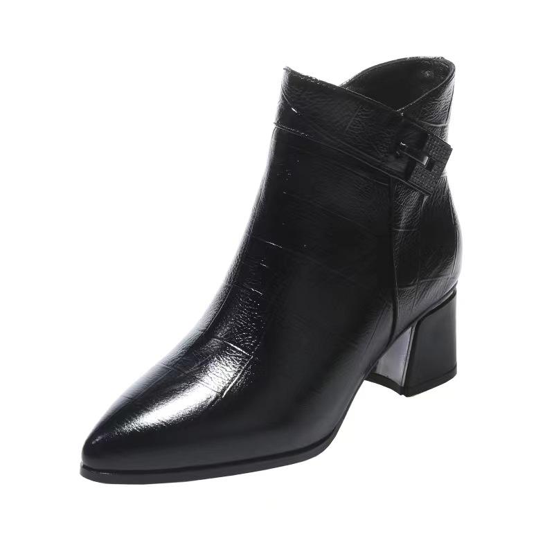 Soft leather thick heel high heel autumn and winter new short boots women's fashion versatile pointed non-slip side zipper Martin boots