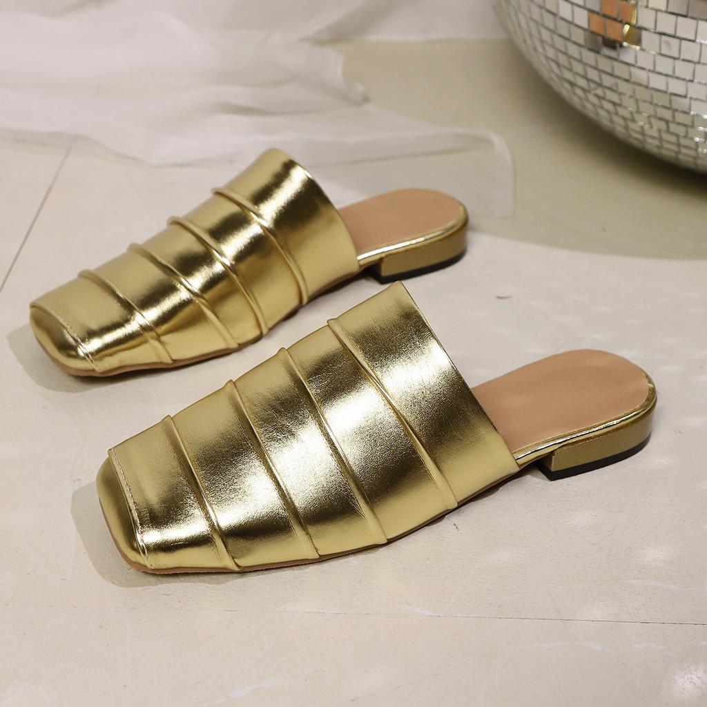 Coarse Heel Niche Pleated Bag Head Half Slippers Women's 2025 Spring and Summer Square Head Low Heel Muller Shoes Foreign Trade Large Size Drag