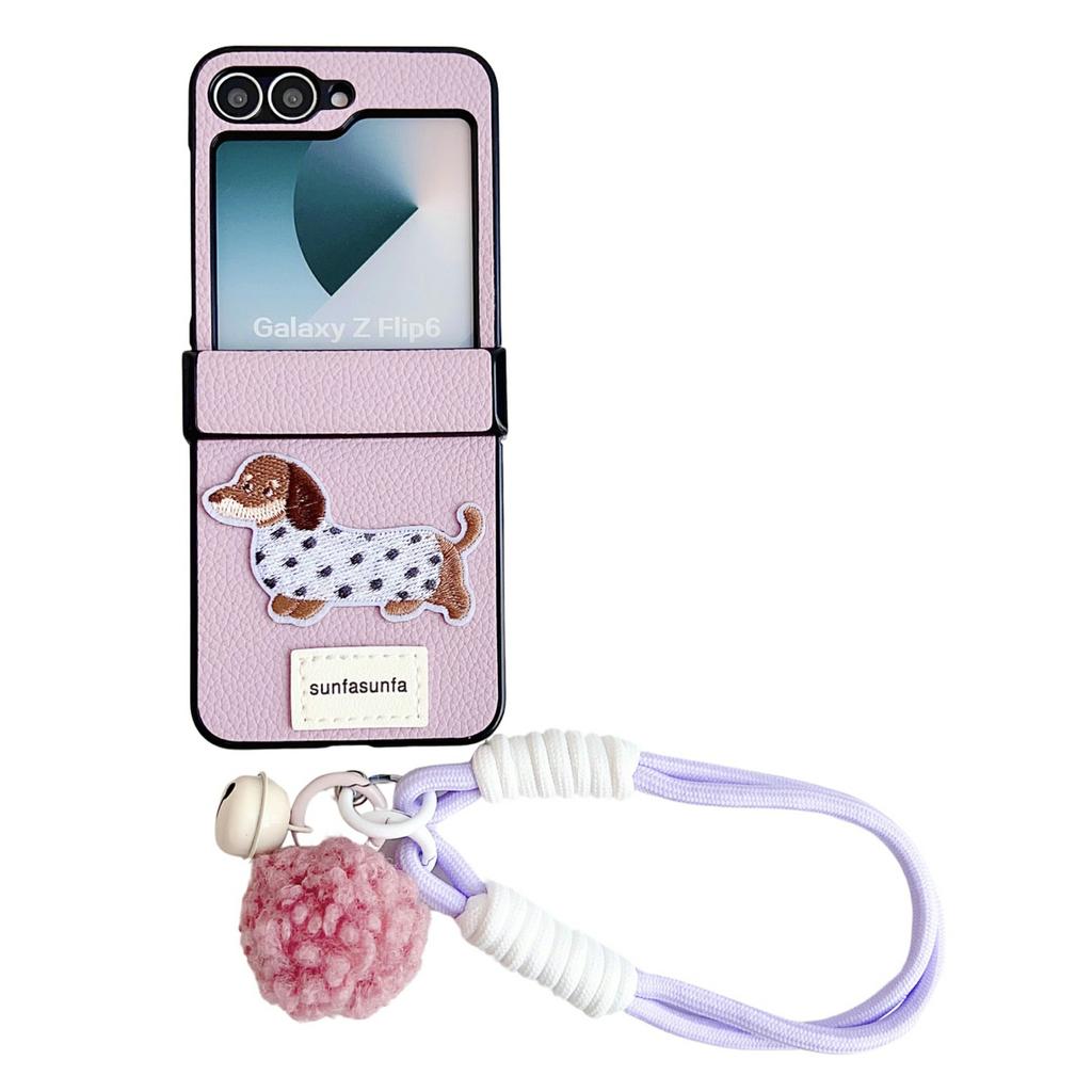For Samsung Galaxy Z Flip6 5G Case Cute Dog Hinge Protection Litchi Texture Phone Cover with Wrist Strap
