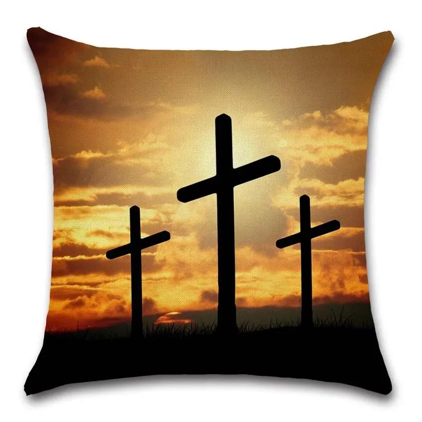 Jesus Christianity Cross Pattern Cushion Cover Cotton Linen Pillow Cover Decorative For Home Sofa Car Party Pillowcase 45X45Cm