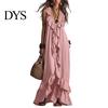 Pleated Dress Women Bohemian Long Summer Ruffle Deep V Neck Sleeveless Swing Solid Color Loose Casual Beach Vacation Maxi