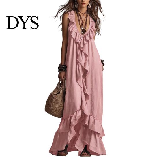 Pleated Dress Women Bohemian Long Summer Ruffle Deep V Neck Sleeveless Swing Solid Color Loose Casual Beach Vacation Maxi