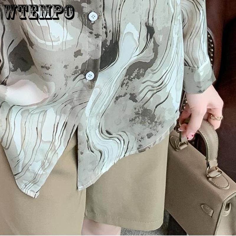 Spring and Autumn Women's Shirt Lapel Shirt Loose Vintage Tie-dyed Shirt Long-sleeved Printed Chiffon Shirt