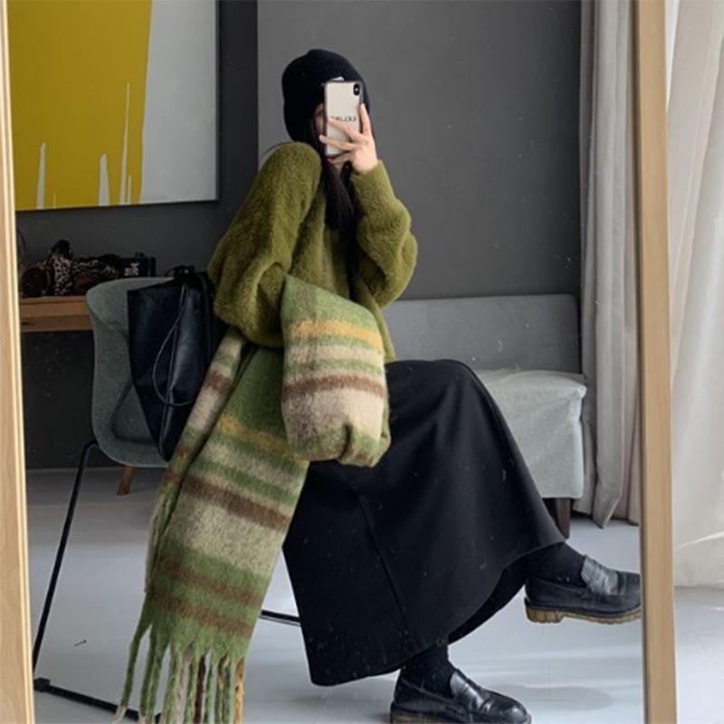 Svetr pro ženy Podzim Zima Zesílený Pulovr Teplý Pletený Pruhovaný Kulatý výstřih Základní vrstva Pružný Dlouhý rukáv Oversize Svetr Topy