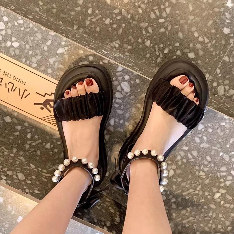 

Fan Jieya open-toed Roman sandals female 2024 spring and summer new thick-soled bow pearl fairy style skirt 40 чорний