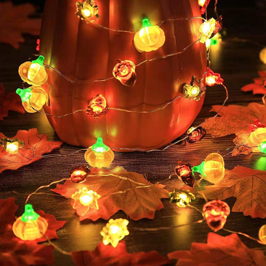 Halloween Pumpkin & Maple Leaf Copper String Lights: Decorative Night Lights for Thanksgiving & Ghost Festival
