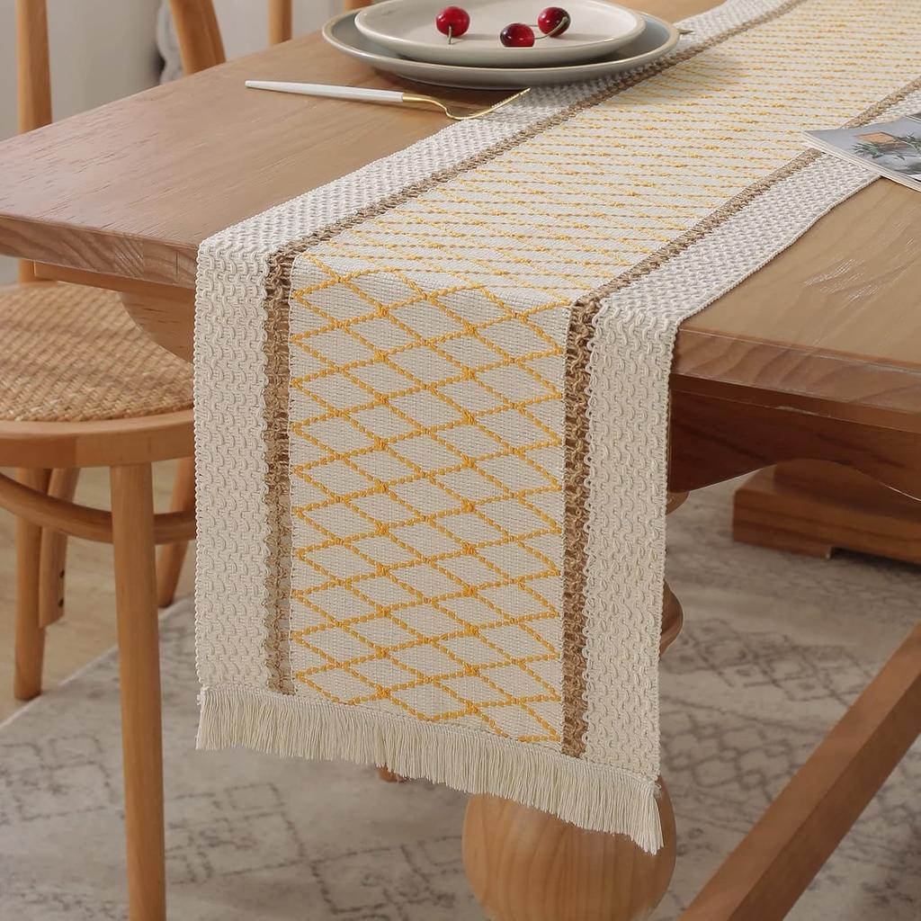 Böhmische Rustikale Hochzeitsdeko Baumwolle Leinen Tischläufer mit Quasten