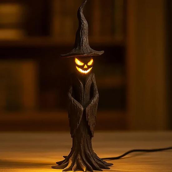 Handmade Resin Stump Witch Statue Lamp with LED Night Light Glowing Gothic Spooky Atmosphere Halloween Decor