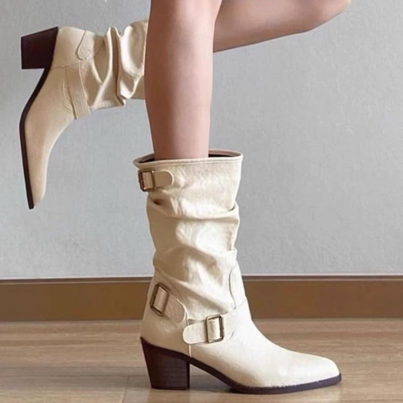 Fashion Autumn Winter Vintage Thick Heel Women Western Cowboy Boots Slip On Belt Buckle Shoes Ladies Mid Calf Botas Zapatos De Mujer