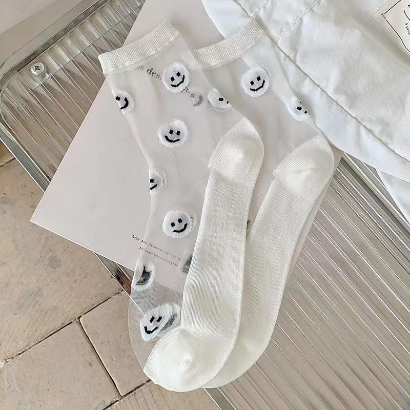 Frühlings- und Sommerdünne Transparente Glasfasersocken, Damen-Mittelwadensocken, Lächelnd, Niedliche und Atmungsaktive Baumwollsocken für Studentenfüße
