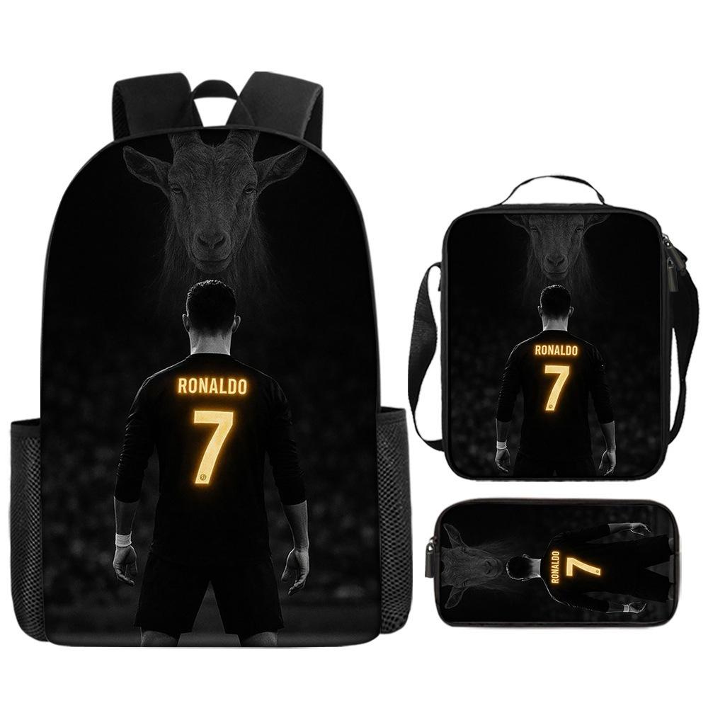 Cristiano Ronaldo Print Kids Backpack Set 3-Piece Cartoon Schoolbag for Primary Students Lightweight Durable Large Capacity Backpack