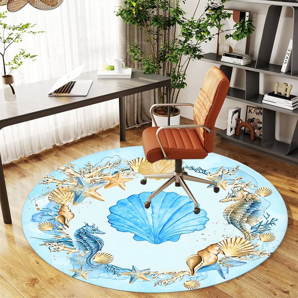 1pc Seashells, Oceanic Round Chair mat Area Rug - Non-Slip, Floor Mat for Office, Bedroom, home decor Christmas Gift p0811070