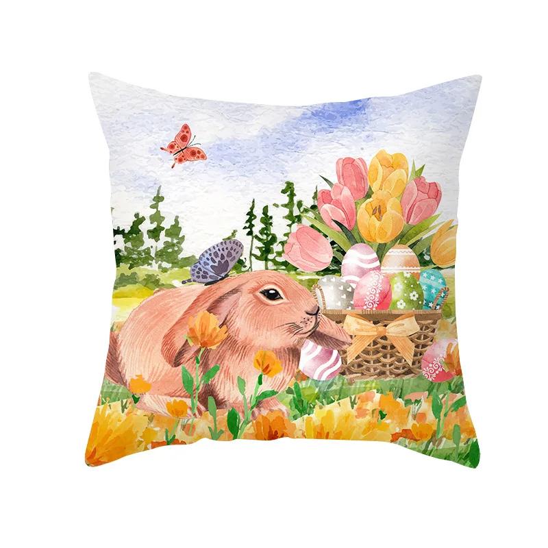 Home Decor Easter Pillowcase Flowers Rabbit Egg Print Pillowcase Sofa Cushion Cover Bedroom Room Decor 45x45 Cm