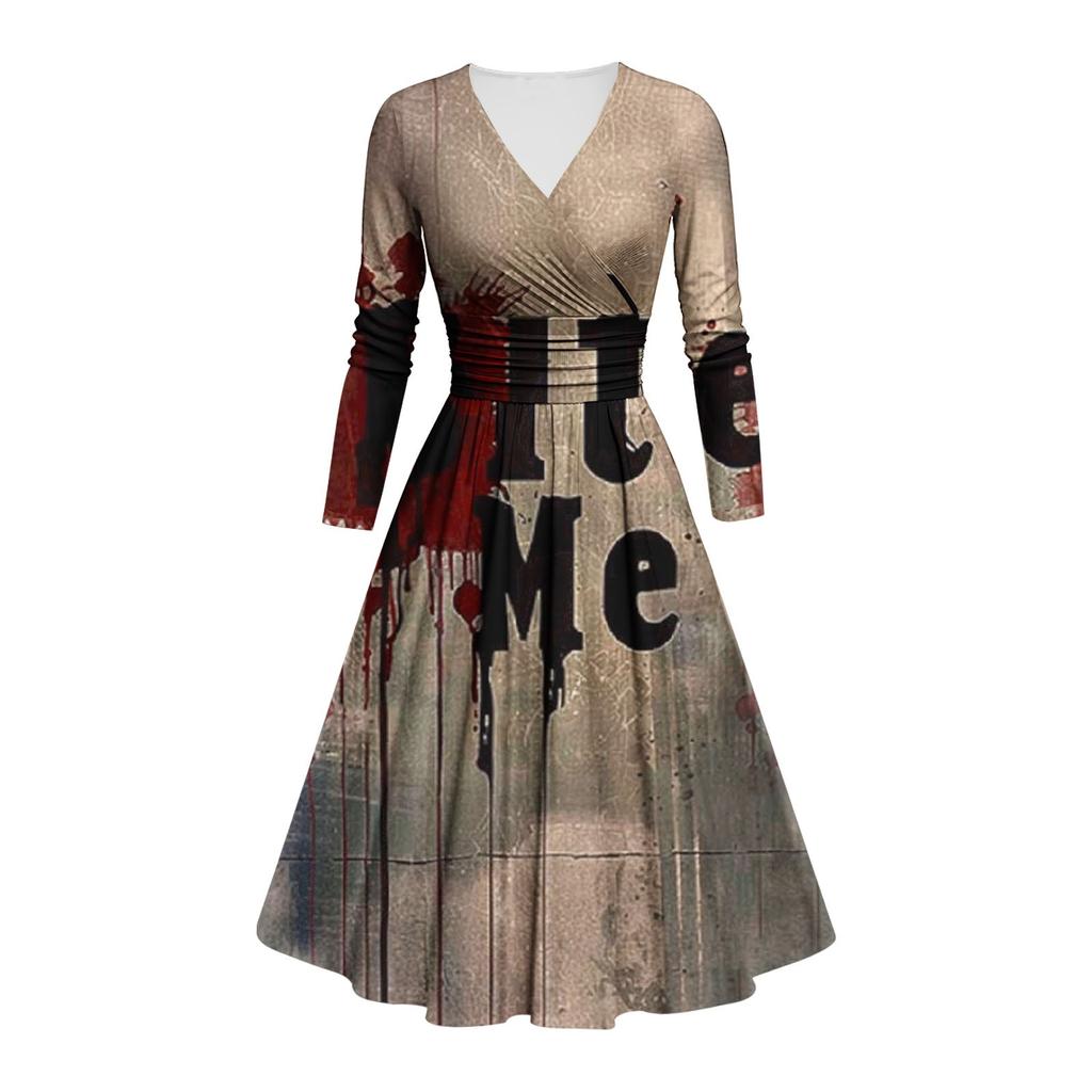 Kvinners mote V-hals Ruffle Langermet Halloween Print Slim Fit Gown Casual Dress