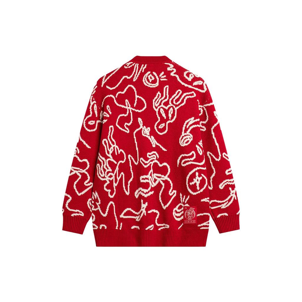 Li Ning Cny Wanshi Qingsong Series Brand Logo Pattern Embroidered V Neck Long Sleeve Knit Sweater Unisex Sweater Agate-Red AMBU245-1