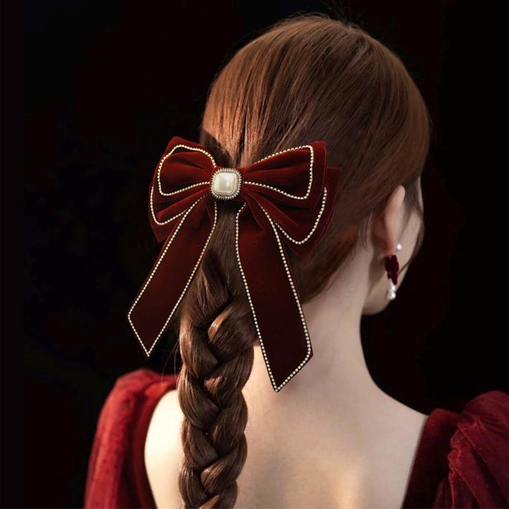 Cloth Bowknot Spring Clip Rhinestone New Year Hairpin Red Velvet Bow Hair Clip Ponytail Holder