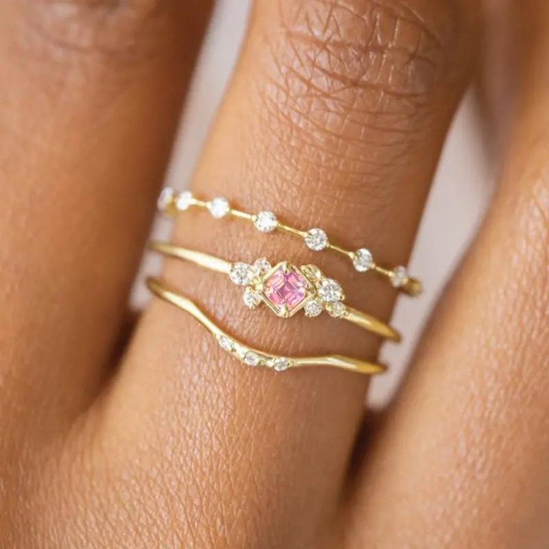 Princess Ring Three-piece Set, Pink Zircon Sweet Ring Girl, Niche Daily Model.