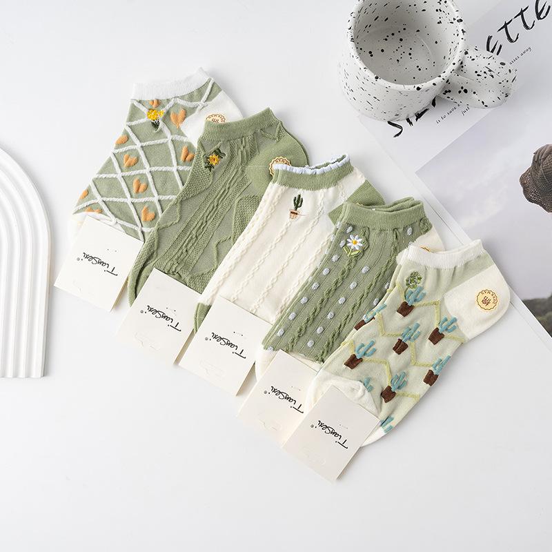 Cotton Socks Children, College Style Cartoon Embroidered Boat Socks, Breathable Sweat-Absorbing Invisible Sports Socks