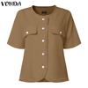 VONDA Elegant Women Short Sleeve Furry Hem Buttons Down Texture Casual Blouse