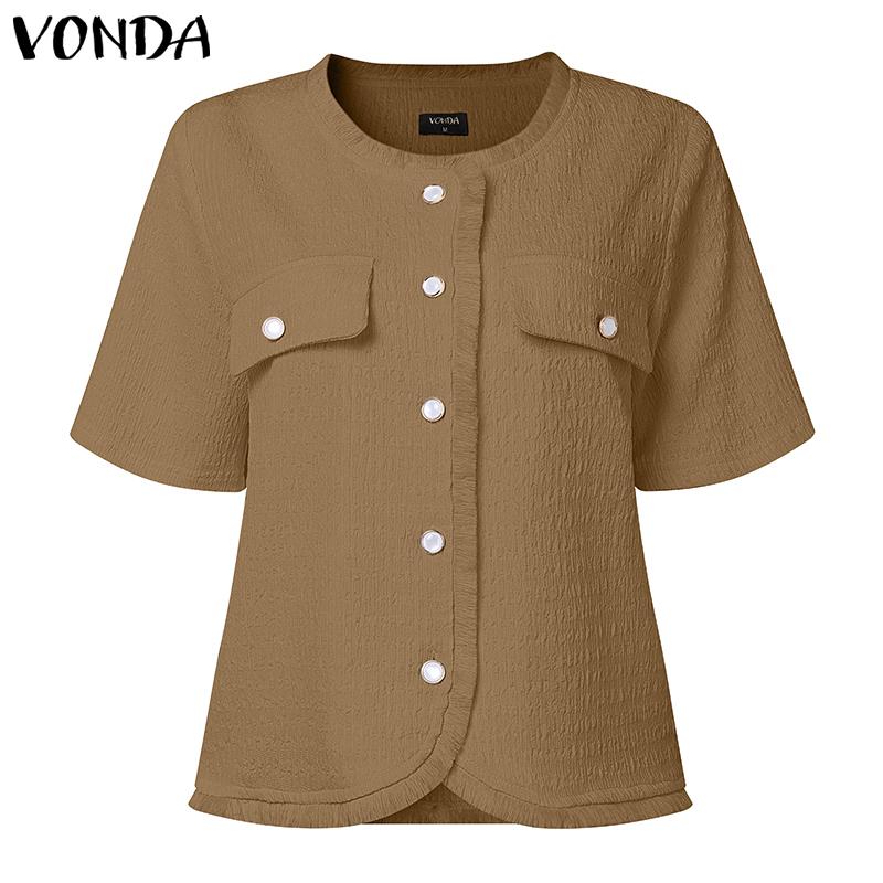 VONDA Elegant Women Short Sleeve Furry Hem Buttons Down Texture Casual Blouse