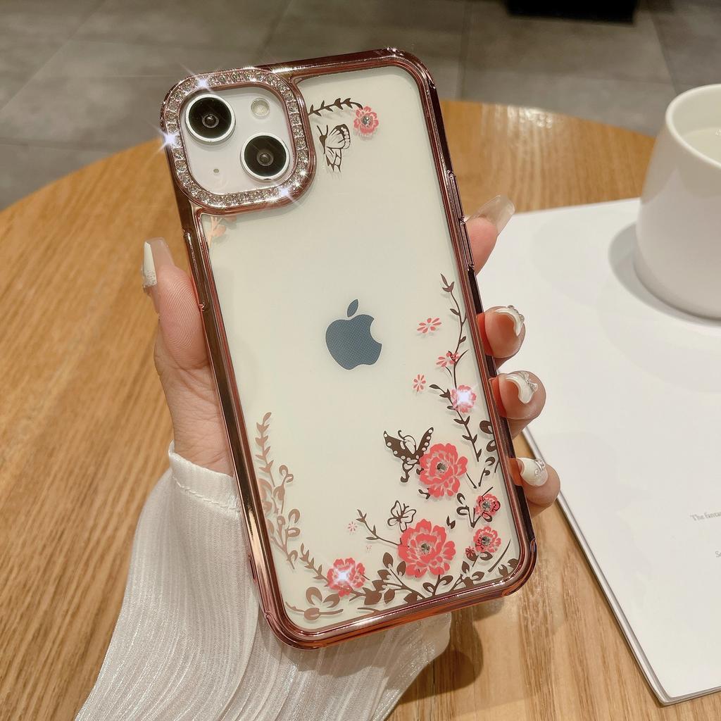 Applicable To Apple 15ProMax Phone Case, IPhone14 Electroplated Butterfly Ring Stand, Lens Flash Diamond Protective Case