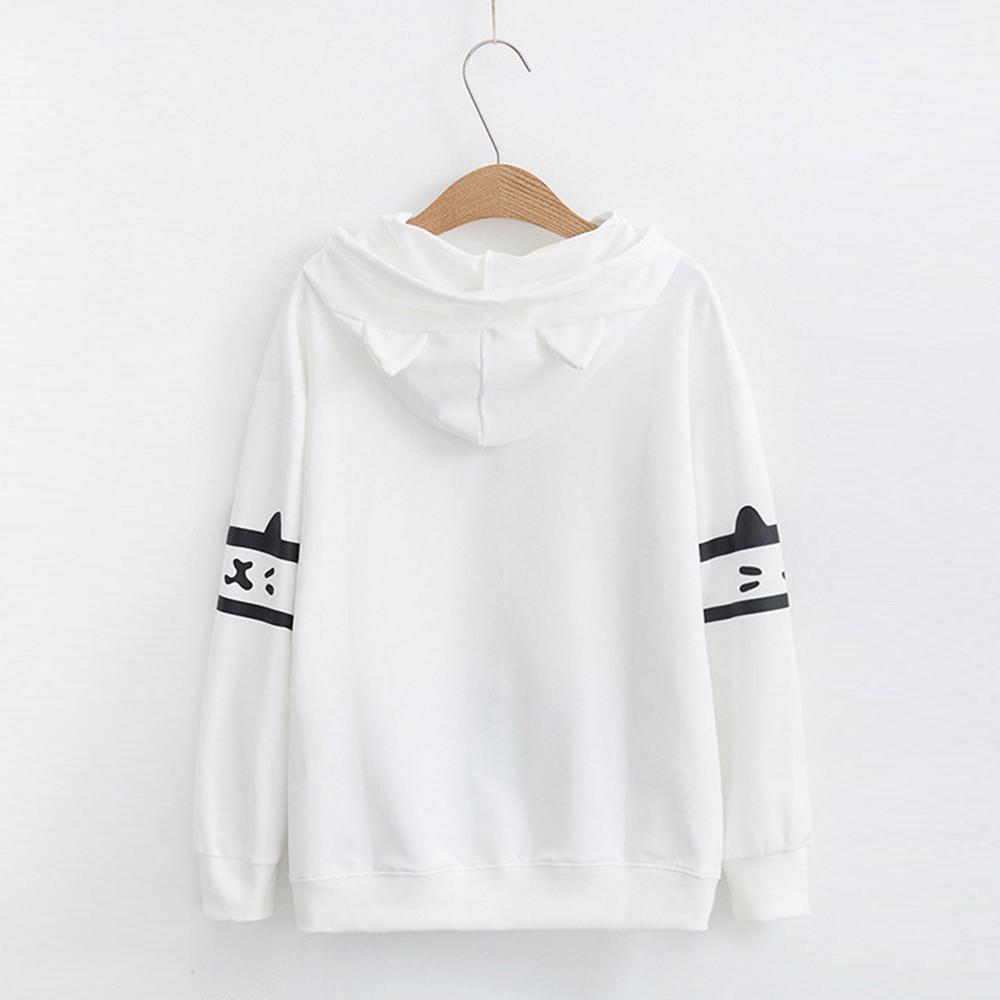 Womens Casual Long Sleeve  Cat Print Pocket Thin Hoodie Blouse Top Shirt