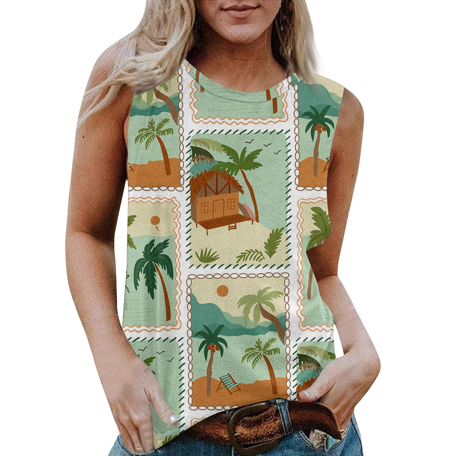 

Женская повседневная футболка без рукавов с круглым вырезом и гавайским принтом XXL