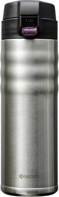 Kyocera CERAMUG Silberne Keramik-WasserflascheKaffeebecher, 500ml, Einhandverschluss, Keramik-Innenseite, Vakuumisolierung, Hält Getränke heiß oder kalt,