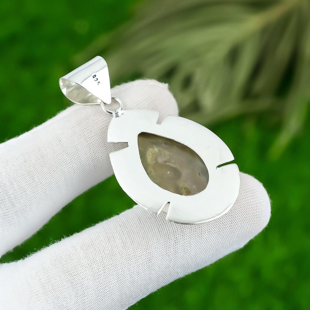 925 Silver Pear Natural Garden Quartz Engagement Bezel Sister Artisan Pendant