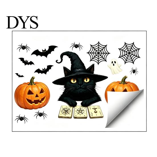Halloween Glass Stickers Cute Black Cat Window Clings, Pumpkin Ghost Bat Spider Easy Apply Clings Decals, Non-Adhesive for Door Party Holiday
