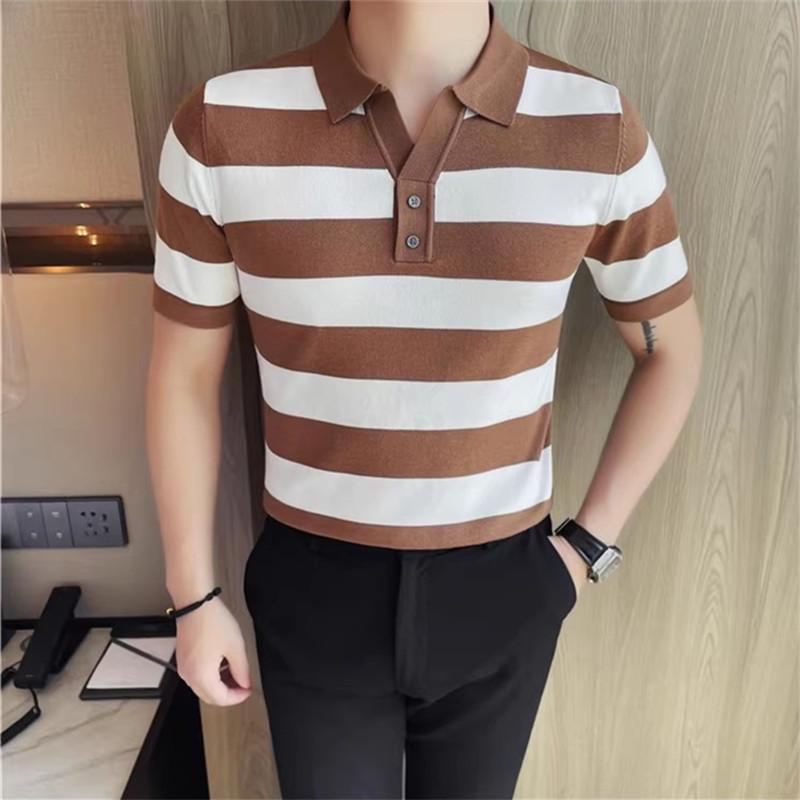 Летние мужские полосатые трикотажные рубашки поло, модные отложные воротники с коротким рукавом, мужские облегающие повседневные трикотажные футболки XXXL кофейный