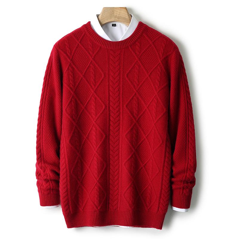 Men s 100% Wool Thick Round Neck Pullover Sweater for Autumn/Winter L