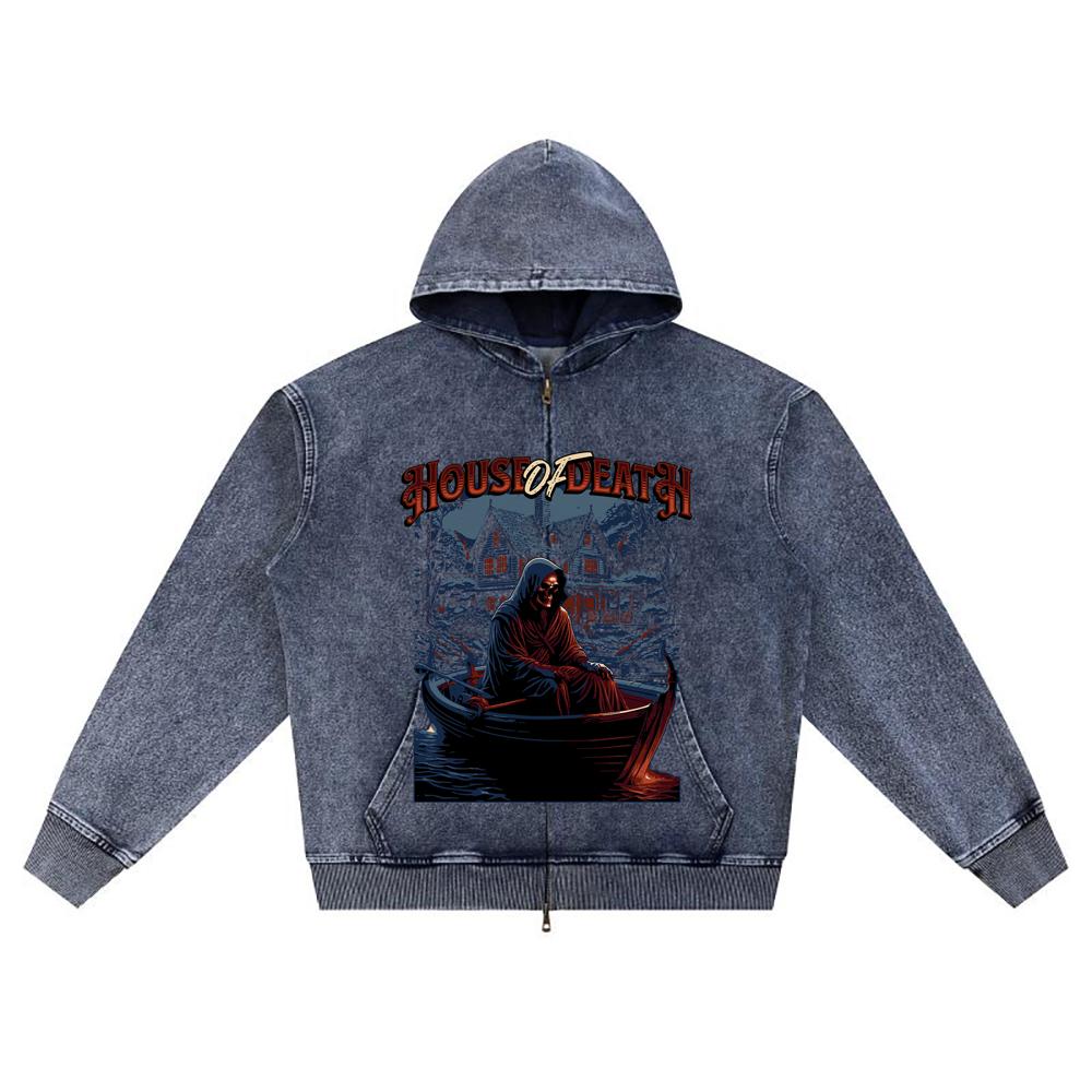 

DTG print Knitted Denim Zip-Up Hoodie House Of Death Brother Print Zipper Hoodies XL темно-синий