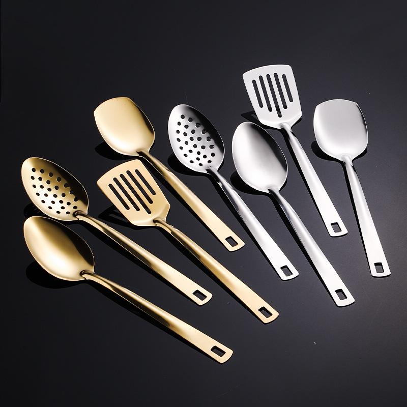 6-Piece Stainless Steel Cookware Set: Includes Wok, Spatula, Frying Pan, Ladle, Colander, Serving Spoon, and Strainer.