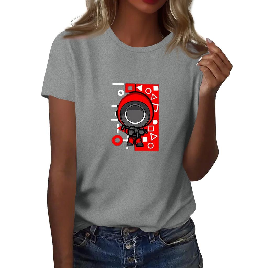 Damen Rundhals Bedrucktes Kurzarm T-Shirt Top