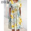 HNXC 30 Color Pleated Midi Dress Short Sleeve Round Neck Loose Hem Mid-Calf Length Women Floral A-Line Party Dress Casual Wear