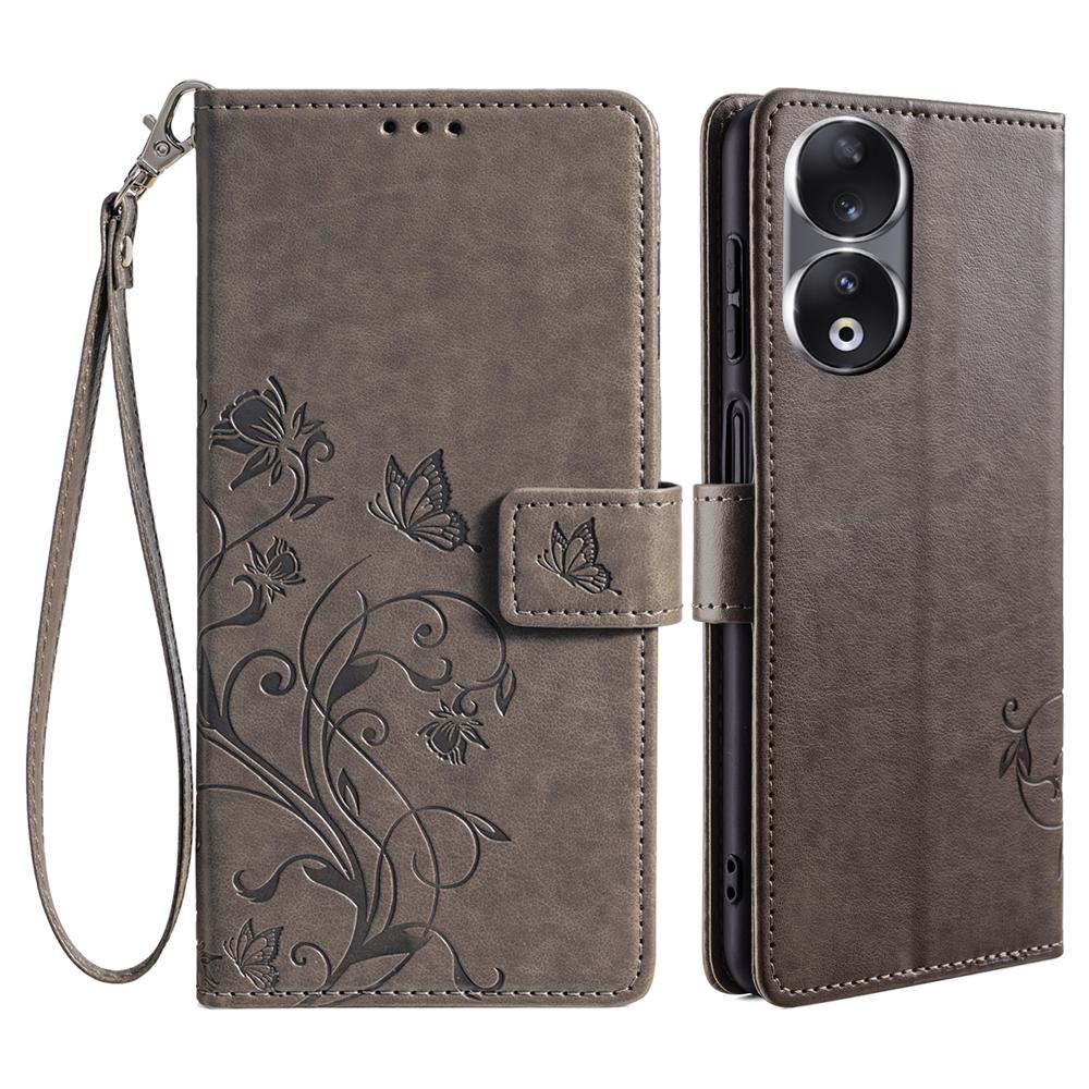 For Honor 90 Case Butterfly Flower PU Leather Stand Phone Cover with Wrist Strap Card Slots