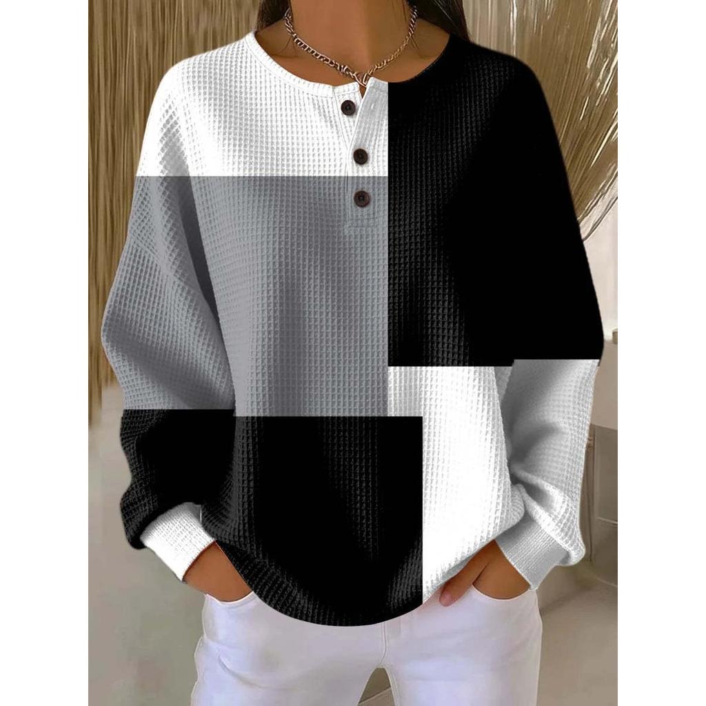 Women's Crew Neck Long Sleeve Waffle Knit Henley Top Loose Fit Casual Sweatshirt