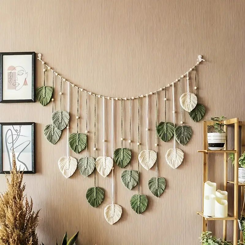 Boho Home Decoration Macrame Tapestry Macrame Leaf Feather Wall Hanging Decor for Living Room Bedroom Boho Wall Art Home Decor