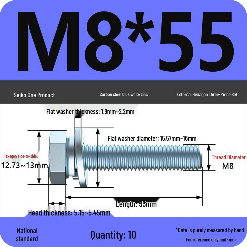 Grade 8.8 Galvanized Hex Bolt Set: Includes Hex Bolt, Spring Washer, Flat Washer (Sizes: M4, M5, M6, M8, M10, M12)